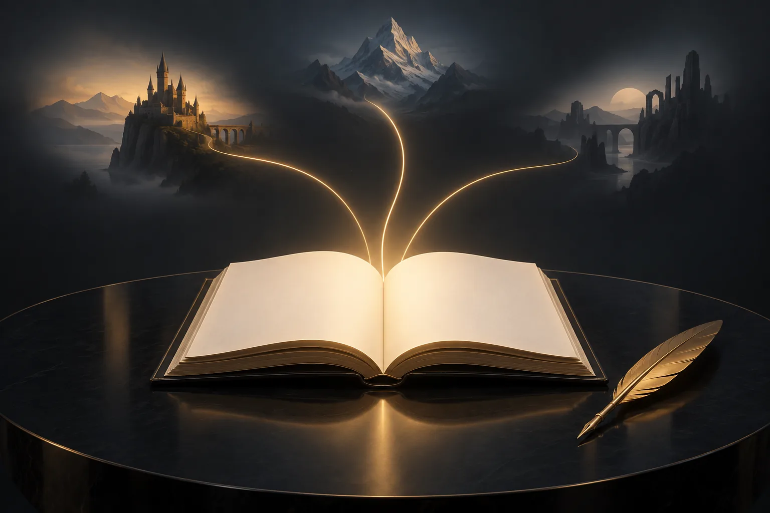 An open journal with golden paths leading toward a castle, mountains, and moonlit ruins.