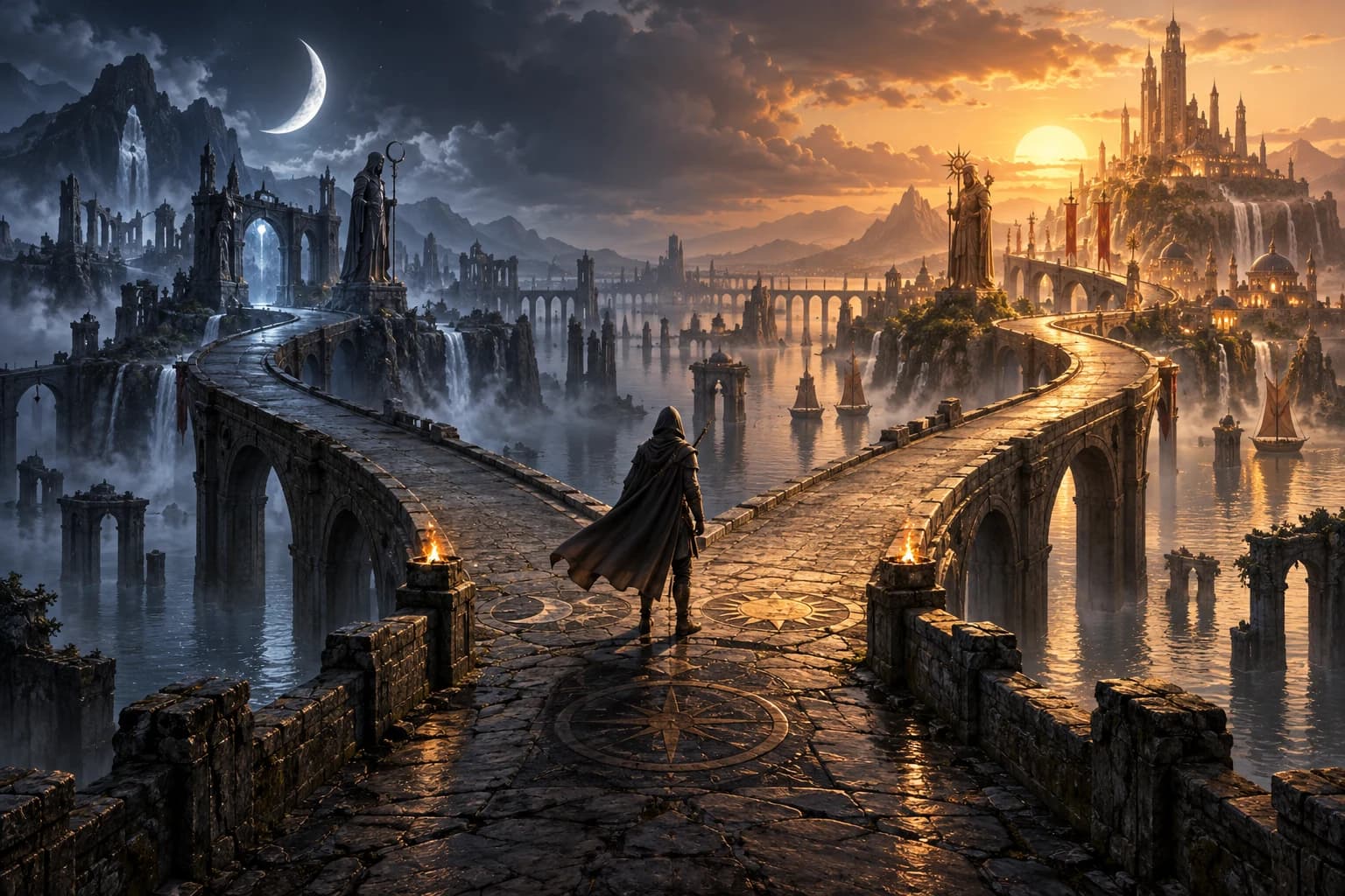 A cloaked adventurer faces branching bridges toward moonlit ruins and a sunlit citadel above a flooded city.