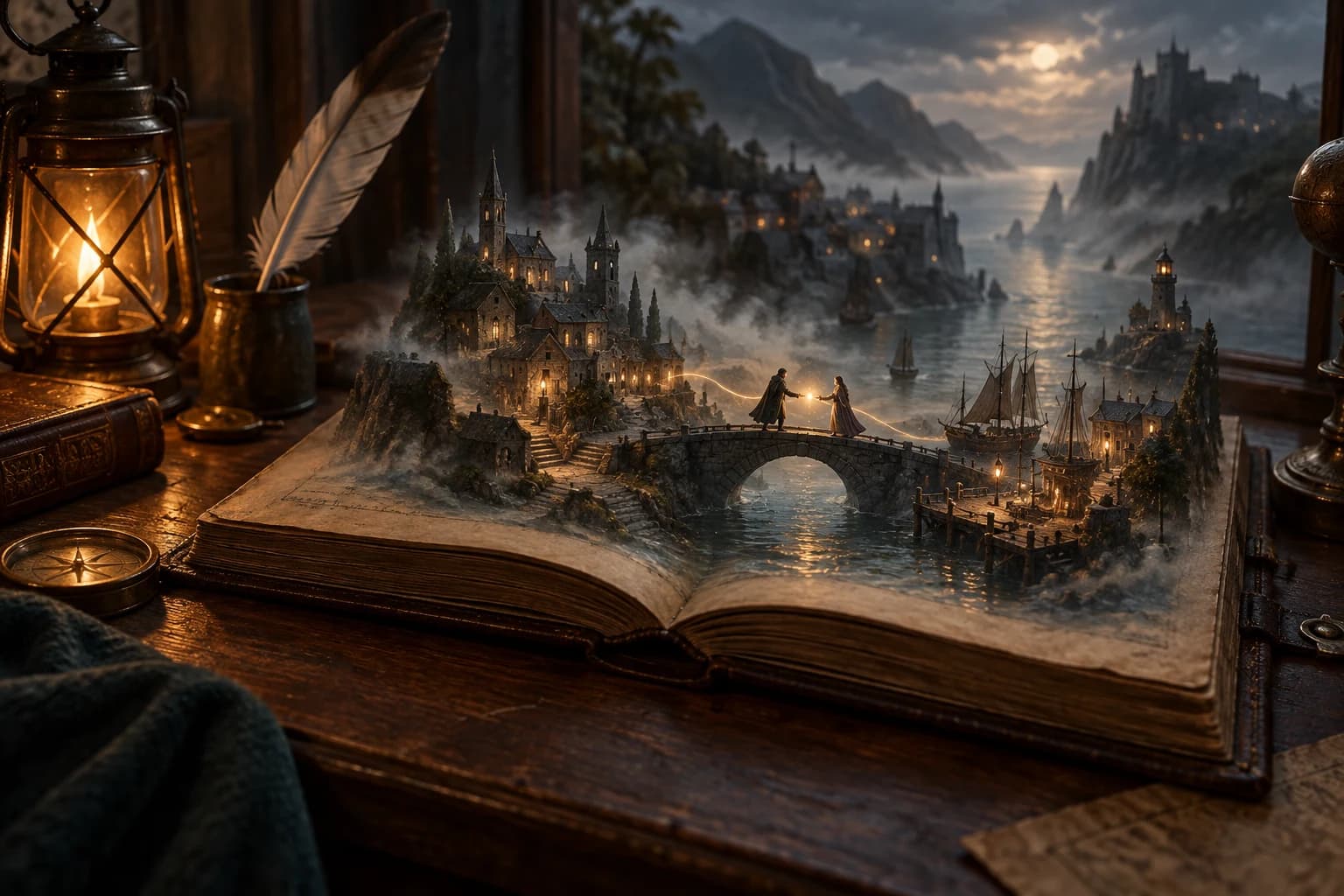 A miniature harbor town rises from an open journal, with two travelers meeting on a bridge beside a glowing lantern and quill.