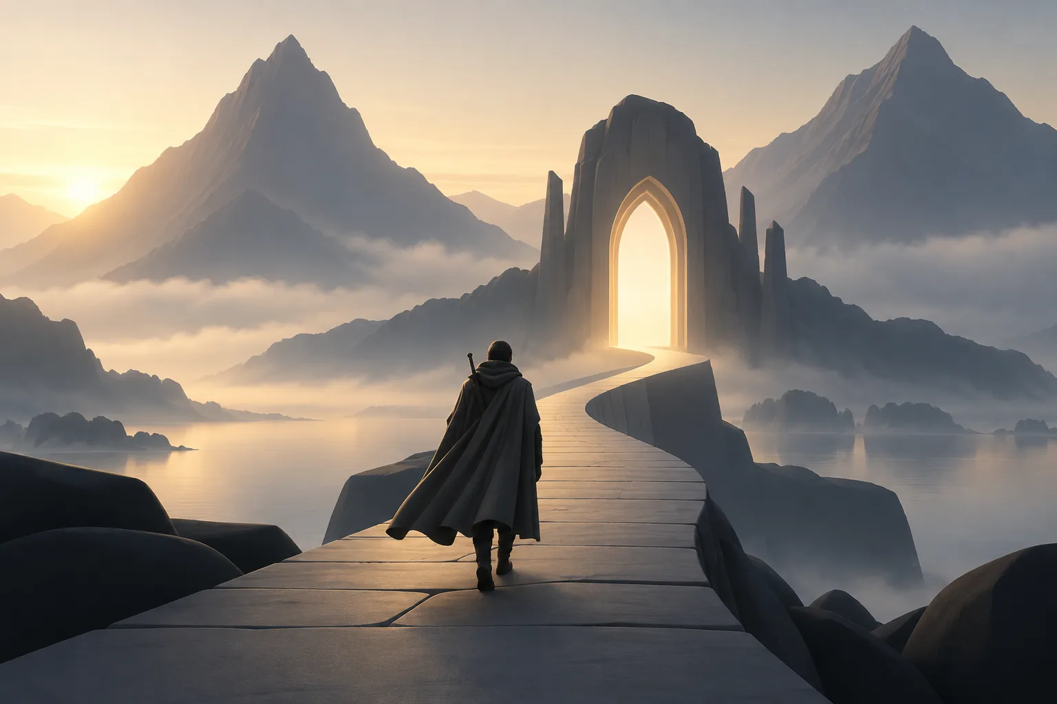 A cloaked adventurer follows a stone path toward a glowing gateway among misty mountains.